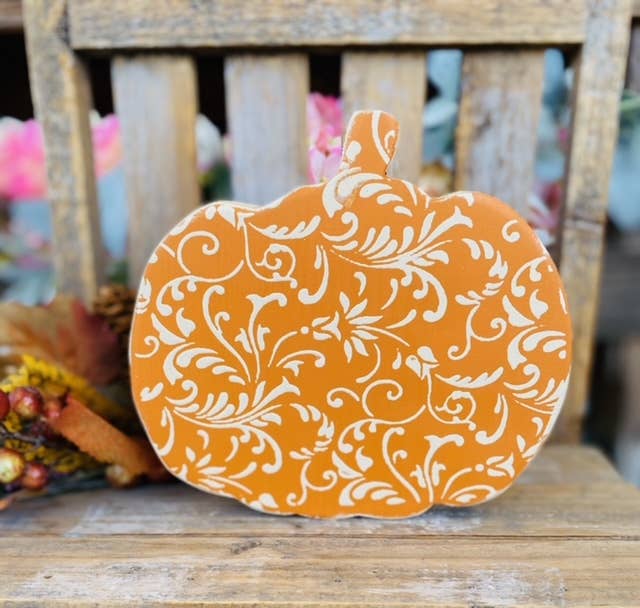 Cute Floral Pumpkin Sign, Hand scrolled and painted 6.5x6.5