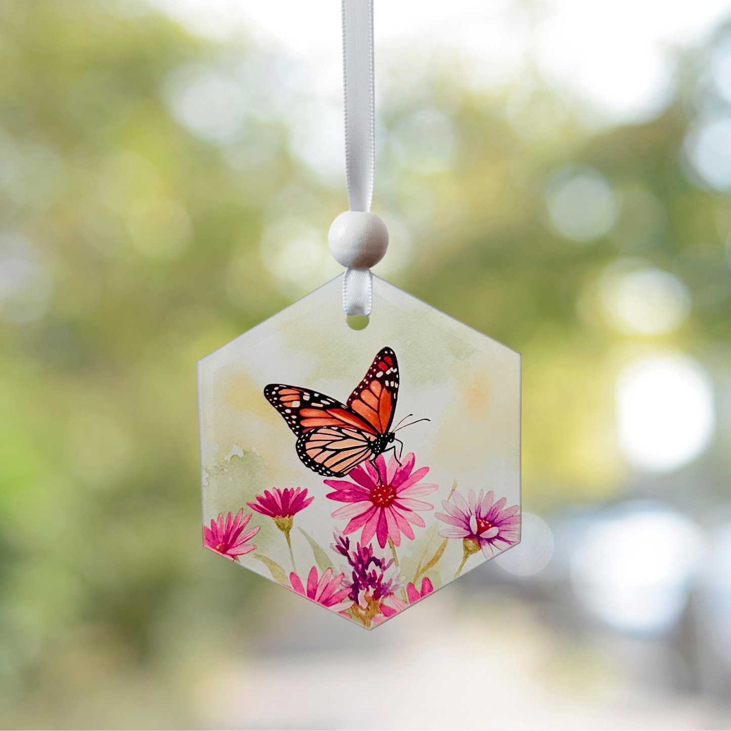 Window Charm - Butterfly with Pink Flowers | Suncatcher