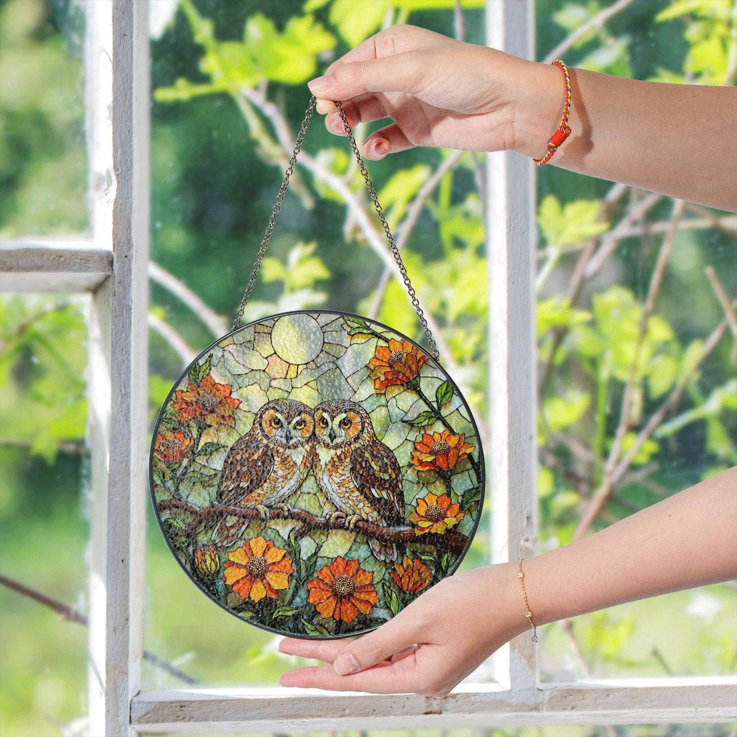 Two Owls On Branch Stained Glass Suncatcher, Gift For Couple