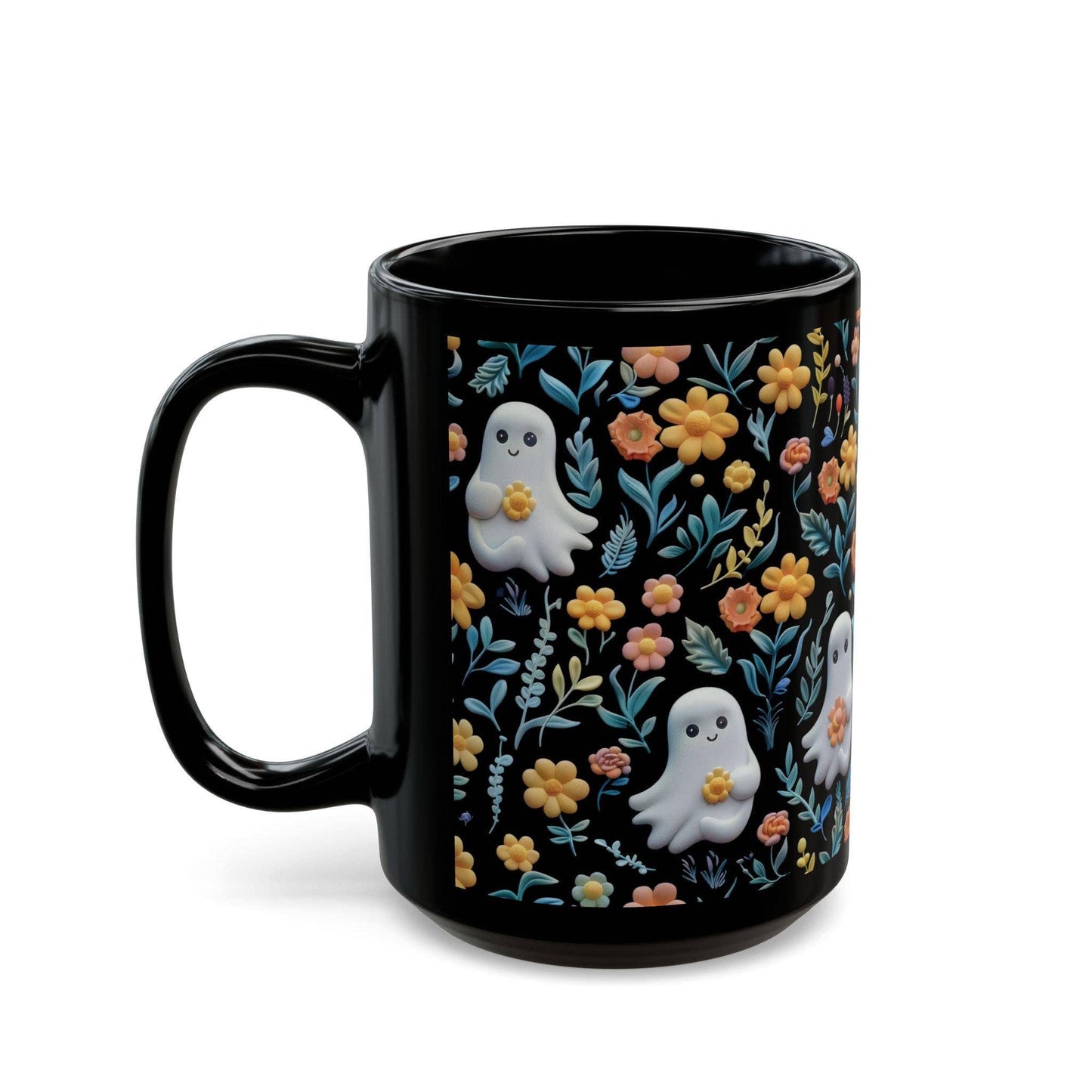 Vintage Floral Ghost Coffee Mug, Halloween Black Coffee Cup