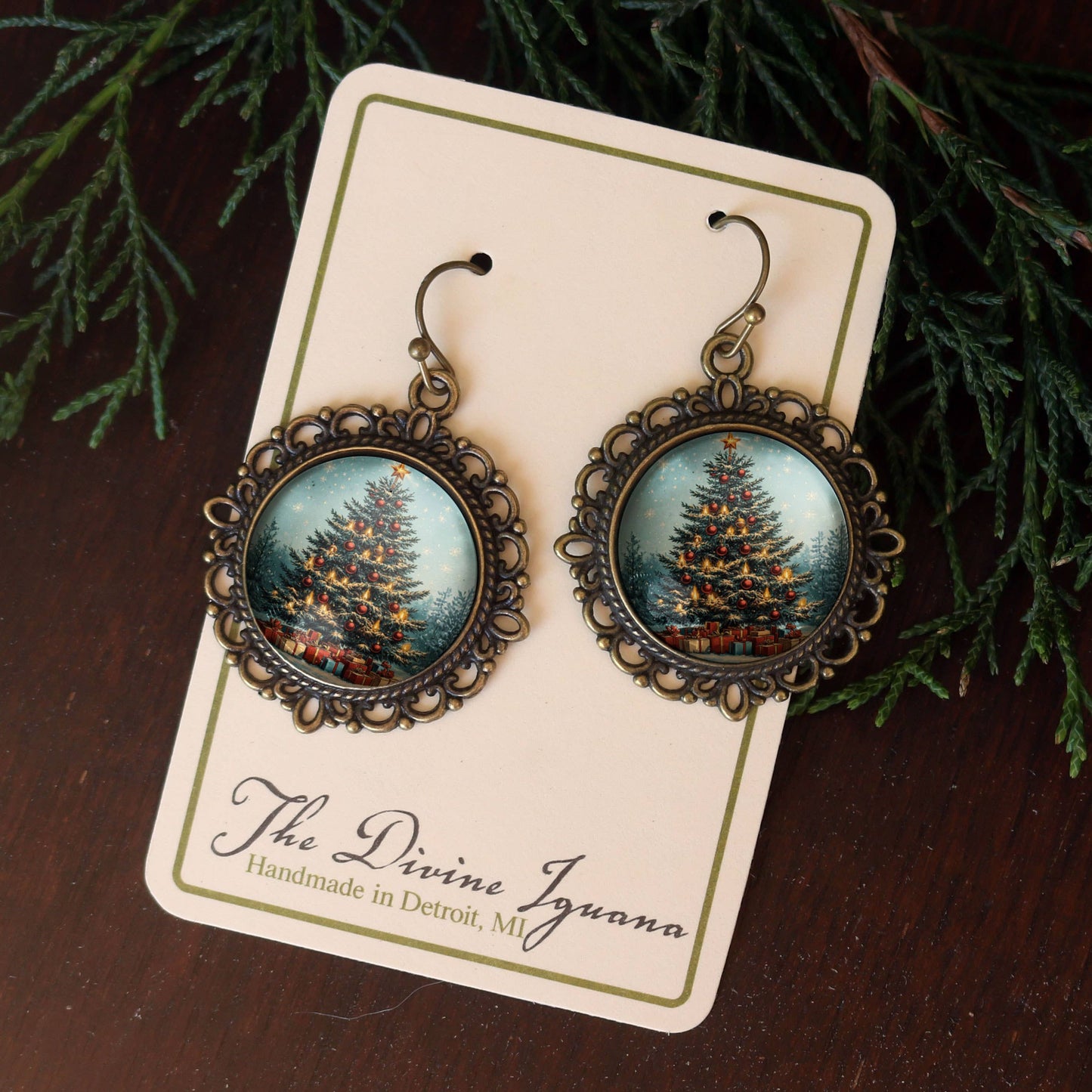 Victorian Christmas Tree Earrings in Filigree Settings