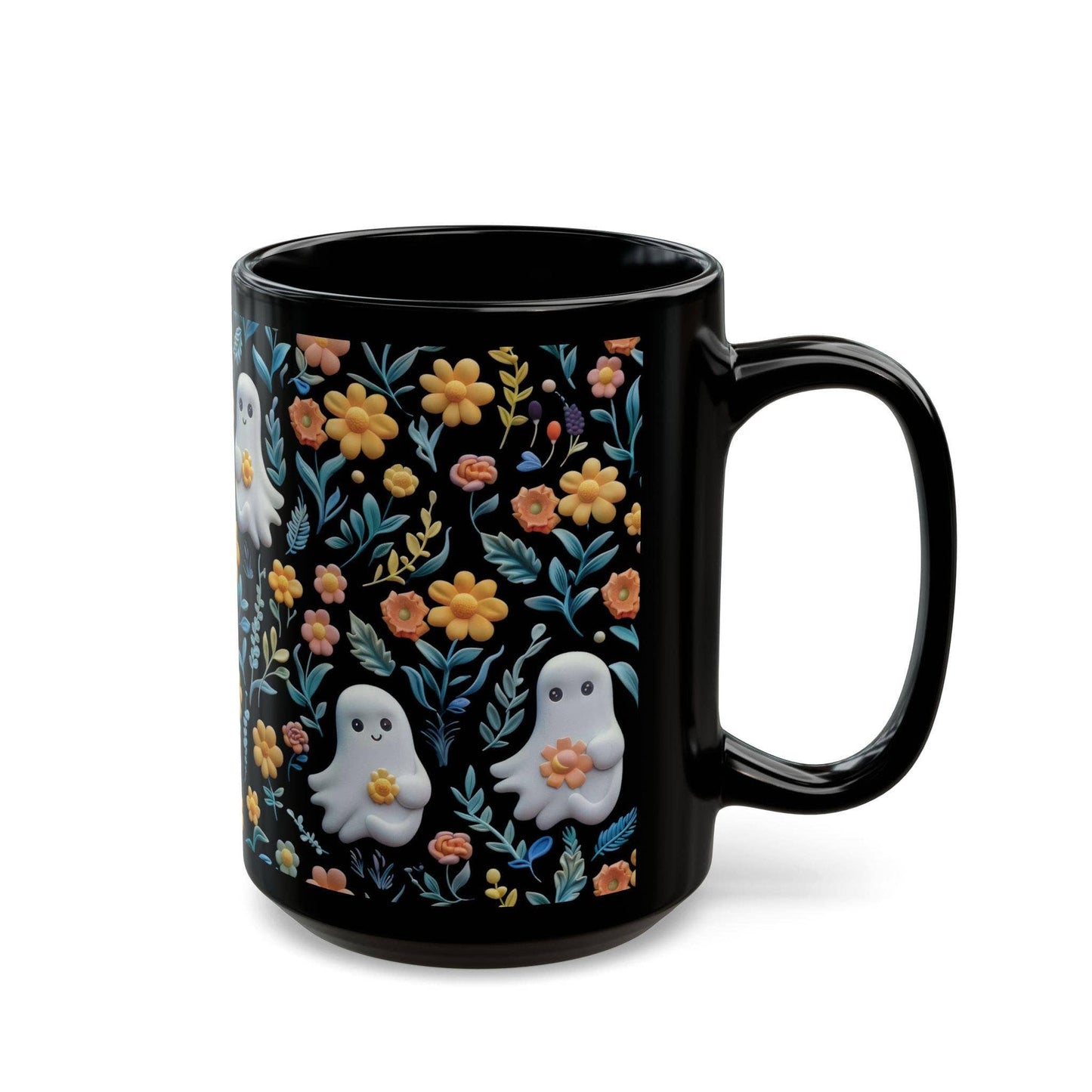 Vintage Floral Ghost Coffee Mug, Halloween Black Coffee Cup