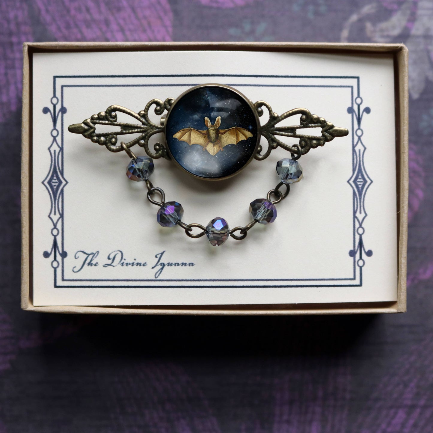 Starry Bat Goth Bead and Filigree Halloween Brooch