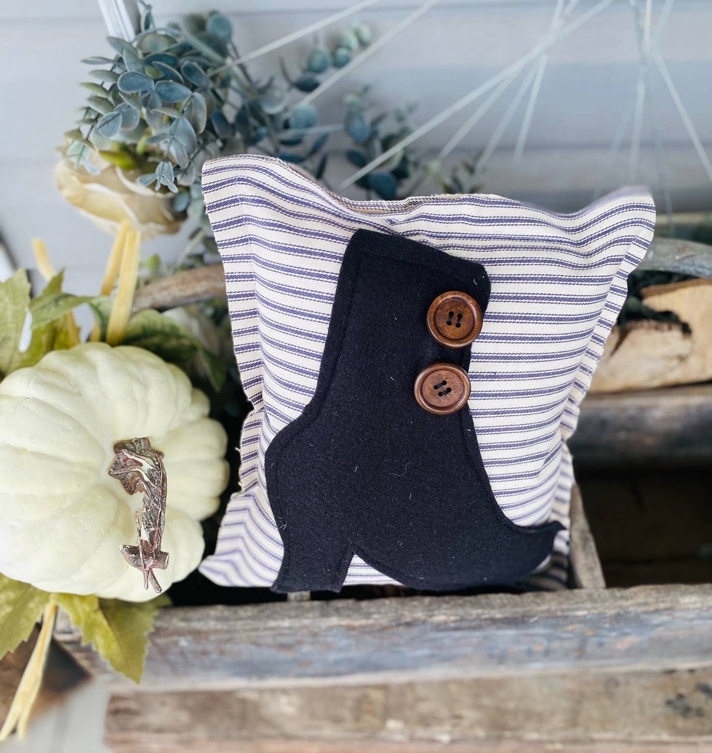 Halloween Witch Boot Pillow 9x9 Primitive Ticking Stripe