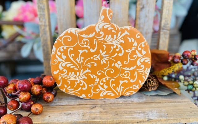 Cute Floral Pumpkin Sign, Hand scrolled and painted 6.5x6.5