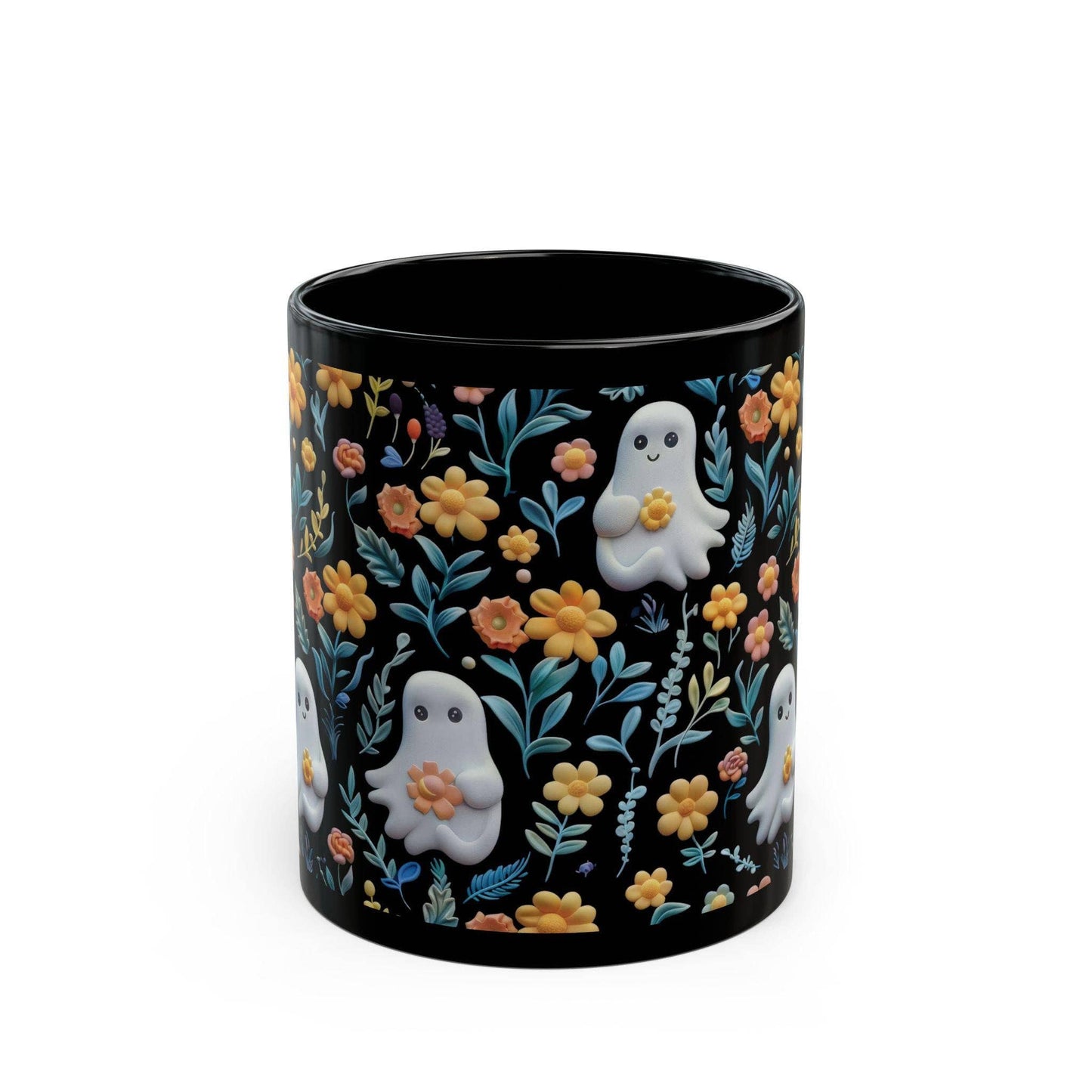 Vintage Floral Ghost Coffee Mug, Halloween Black Coffee Cup