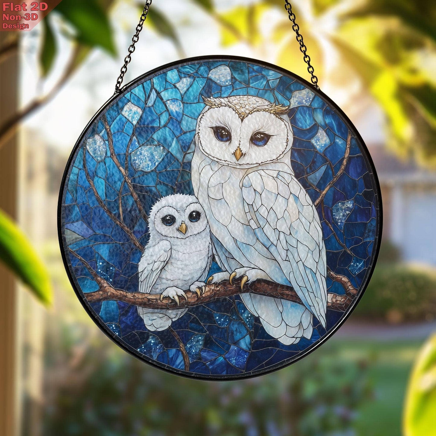 Owl Mom and Baby Suncatcher, Blue Forest Night Window Decor