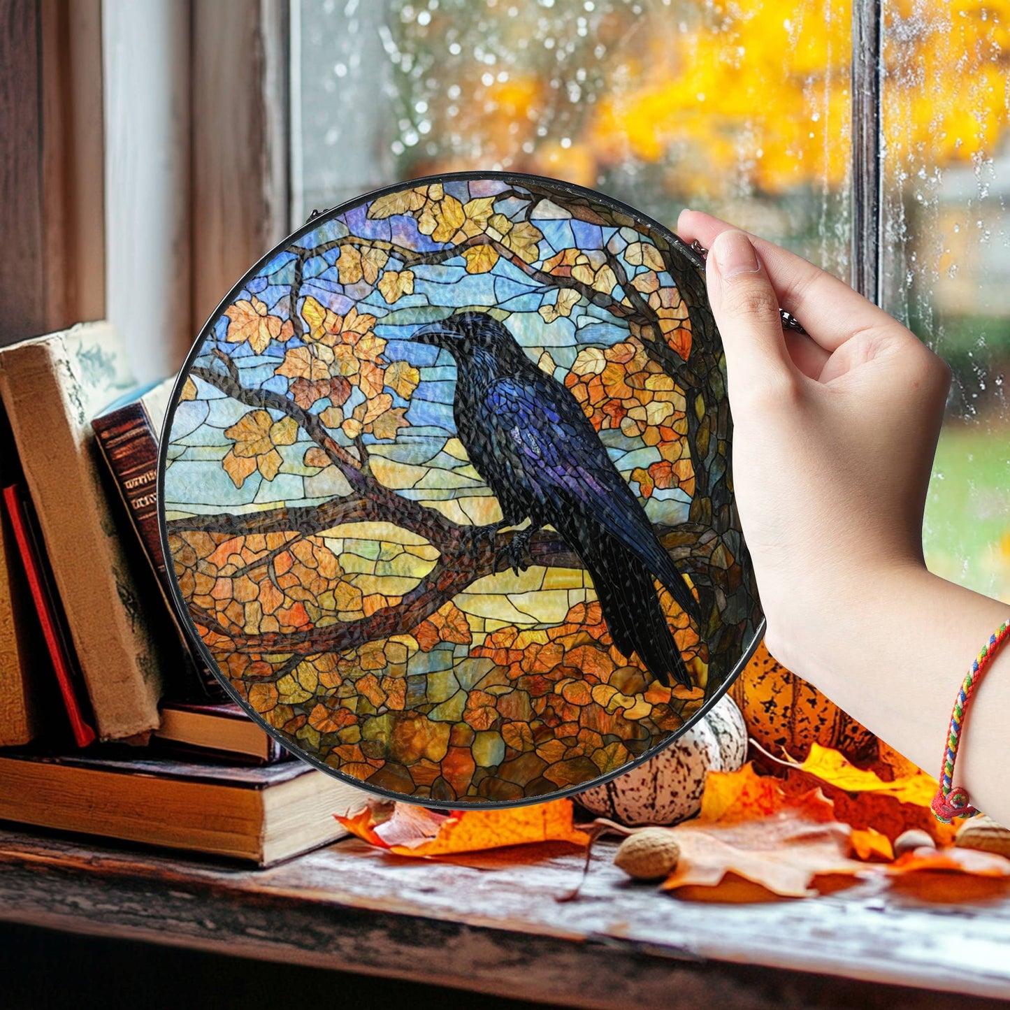 Black Raven Autumn Stained Glass Suncatcher, Raven Halloween