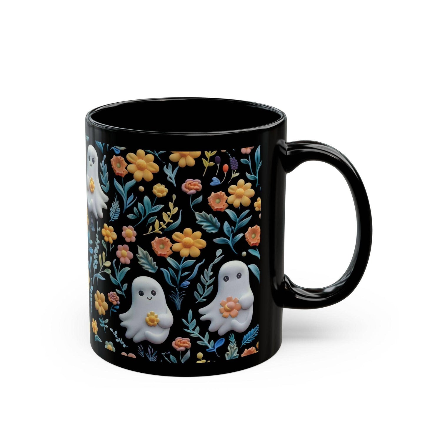 Vintage Floral Ghost Coffee Mug, Halloween Black Coffee Cup