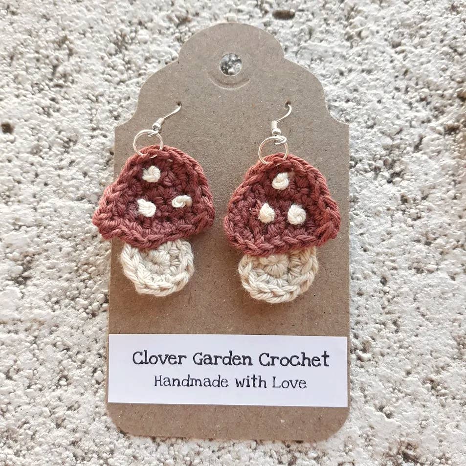 Cute Crochet Mushroom Drop Earrings Red & Brown Themed