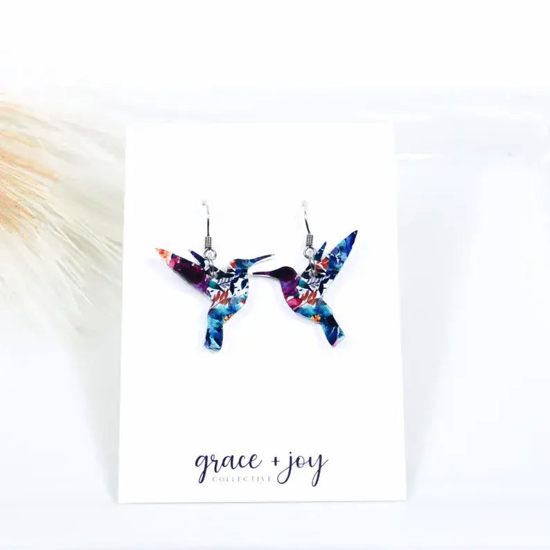 Watercolor Floral Hummingbird Dangle Earrings, Acrylic