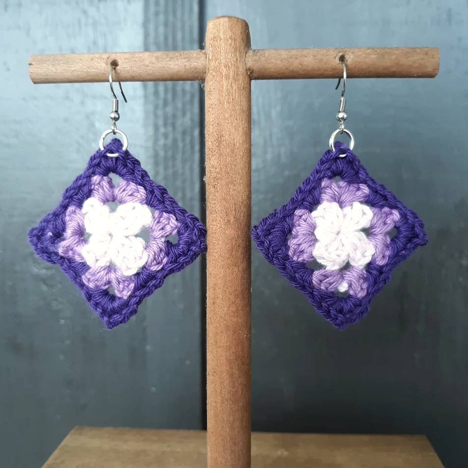 Crochet Tricolor Cotton Purple Granny Square Drop Earrings