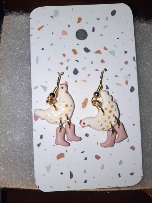 Chickens W/Pink Boots Earrings