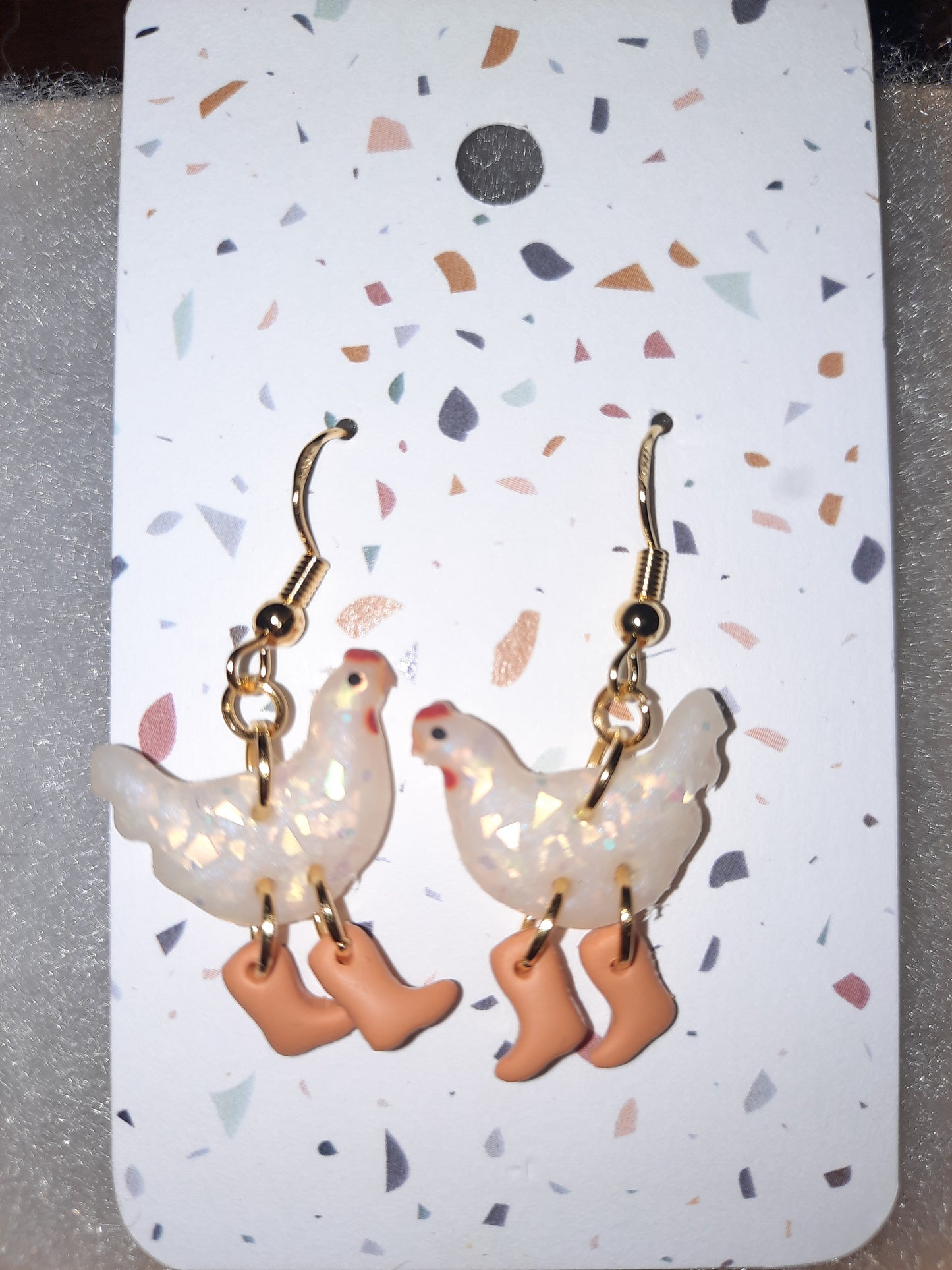 Opal Chicken Wearing Pink Boots Earrings