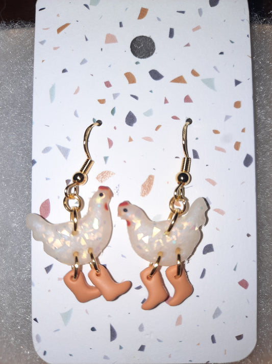 Opal Chicken Wearing Pink Boots Earrings