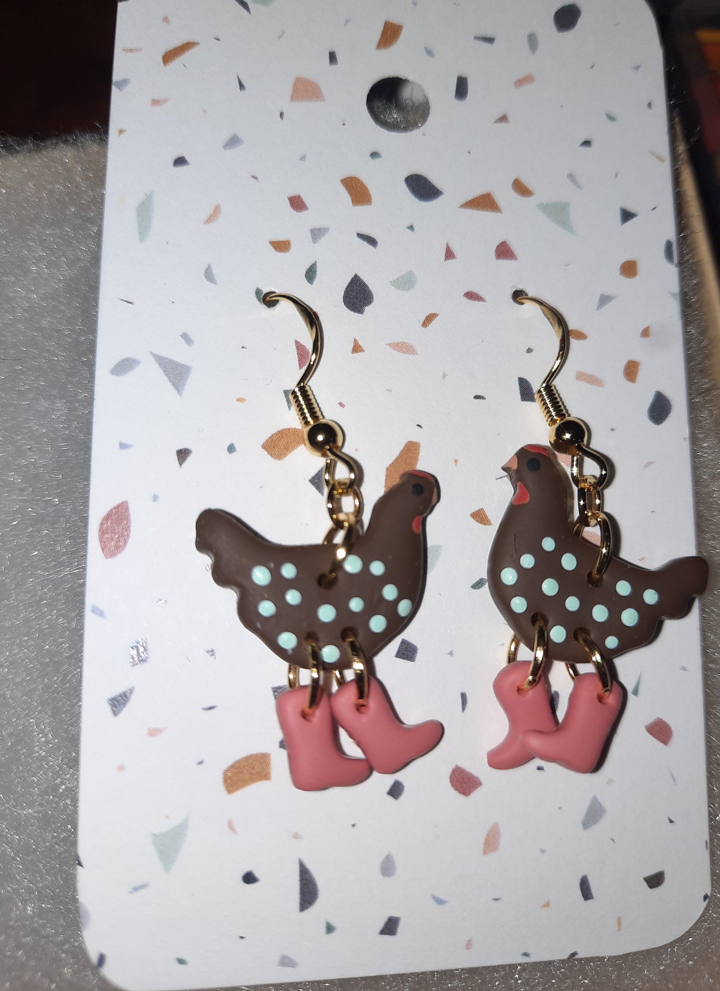 Brown Chicken W/Teal Polka Dots Earrings