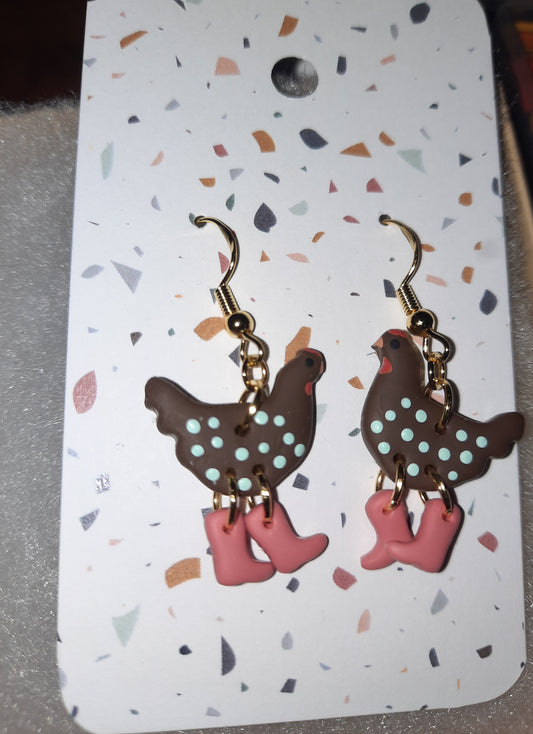 Brown Chicken W/Teal Polka Dots Earrings