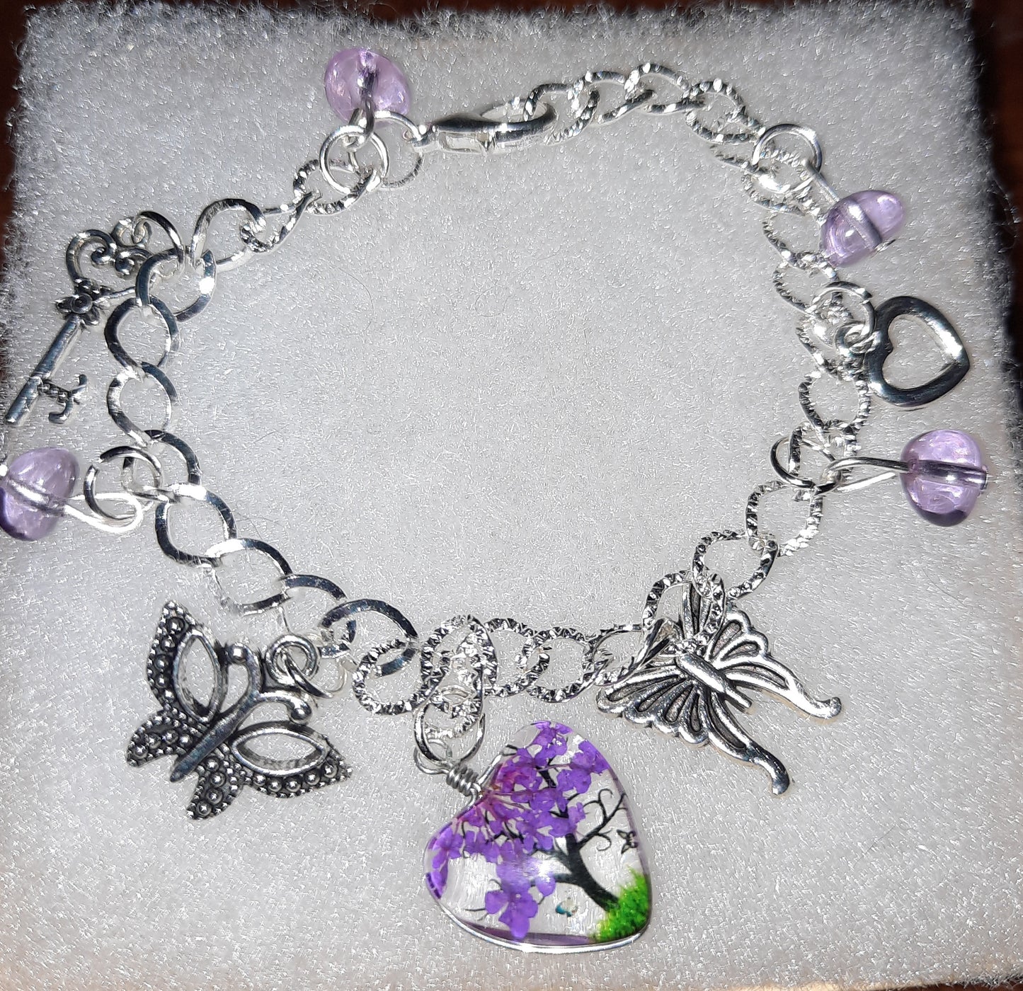 Purple Heart Butterfly Charm Bracelet