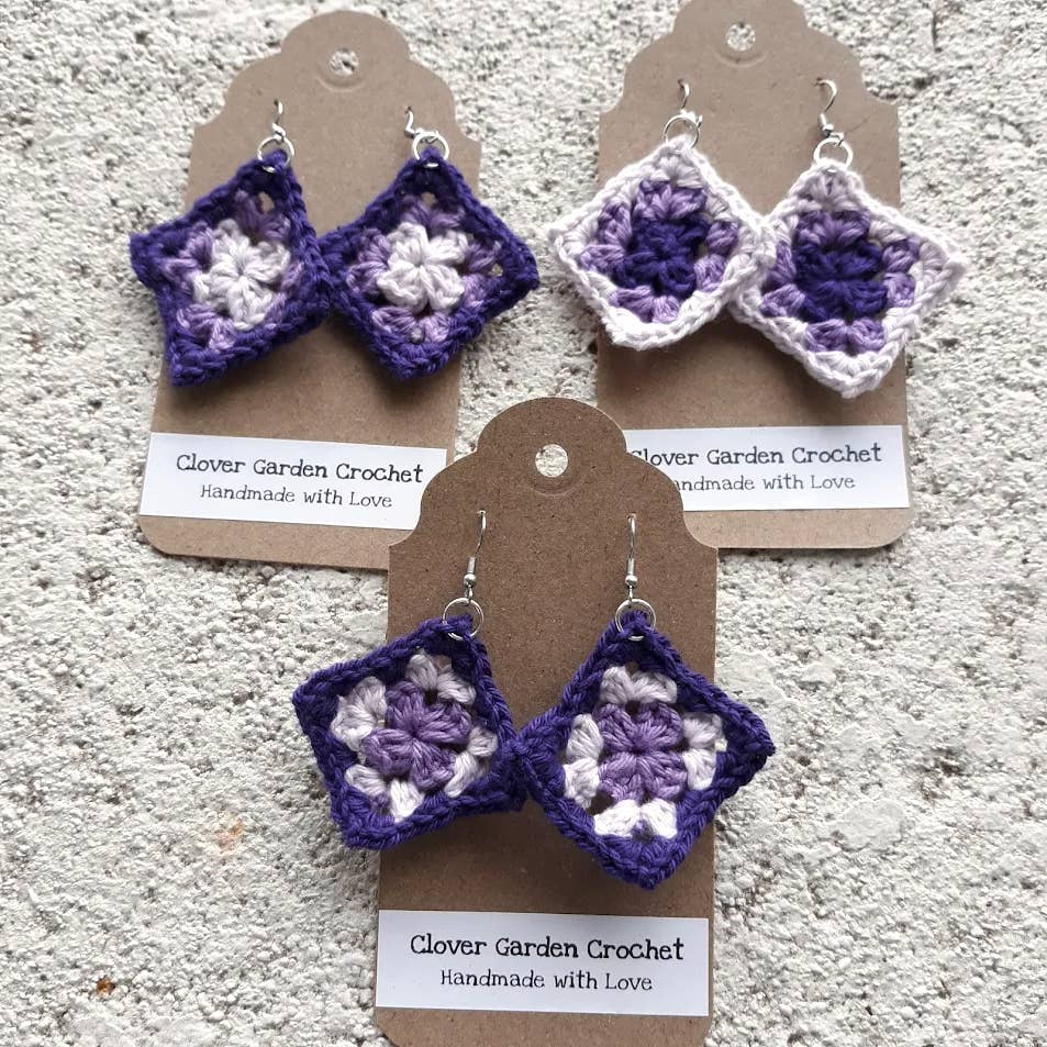 Crochet Tricolor Cotton Purple Granny Square Drop Earrings