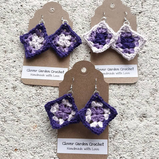 Crochet Tricolor Cotton Purple Granny Square Drop Earrings