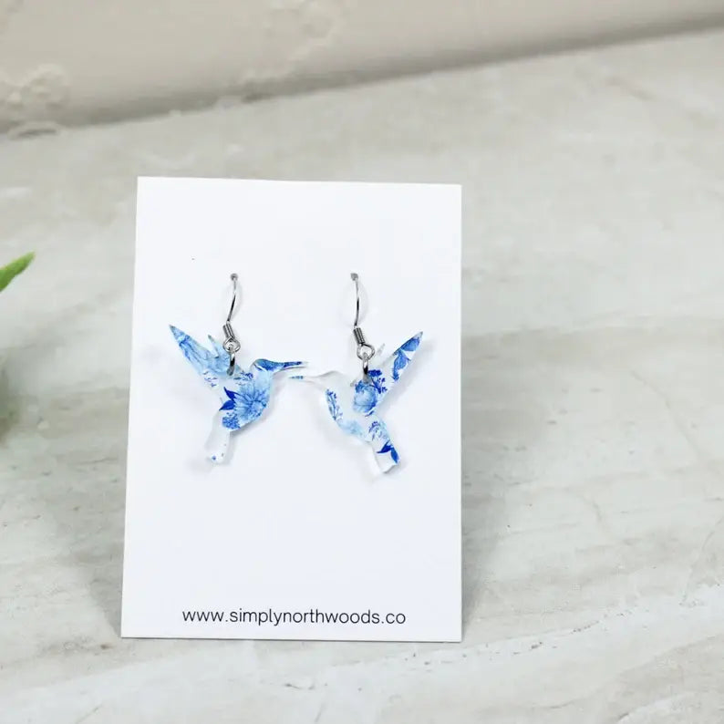 Watercolor Floral Hummingbird Dangle Earrings, Acrylic