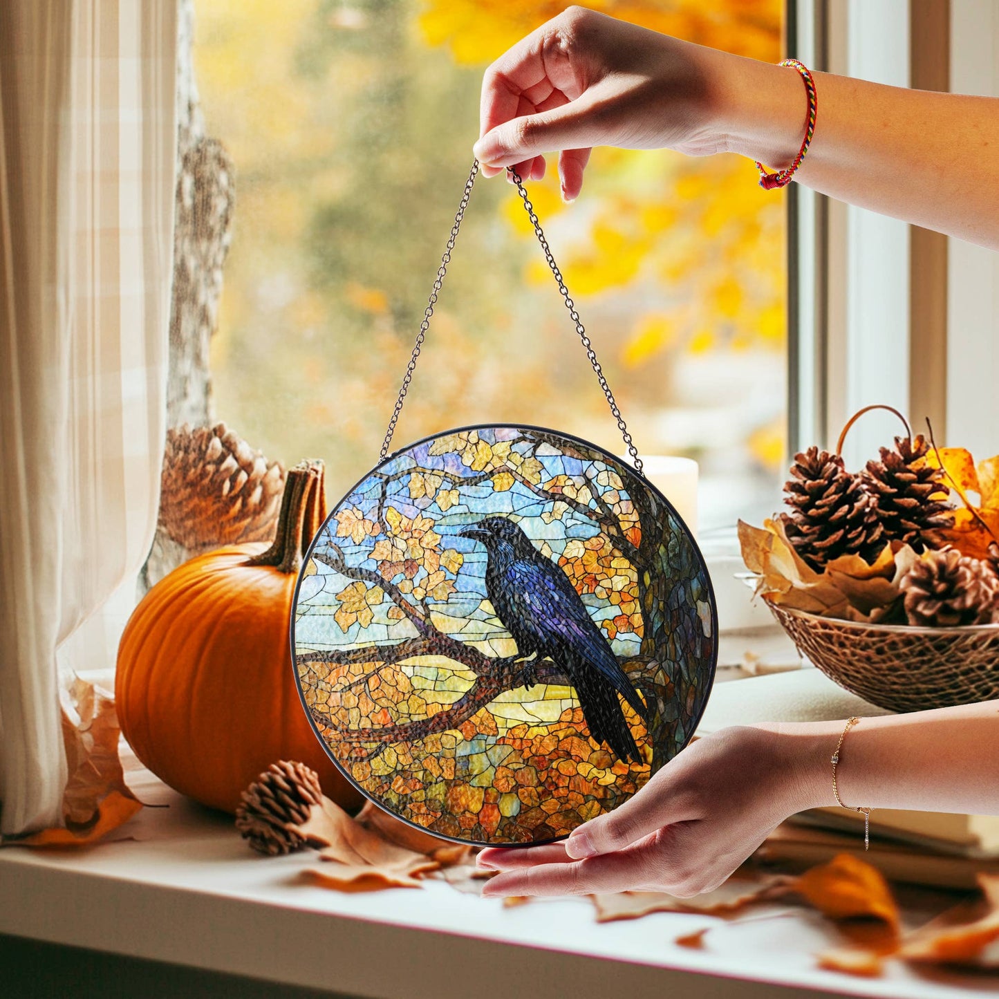 Black Raven Autumn Stained Glass Suncatcher, Raven Halloween