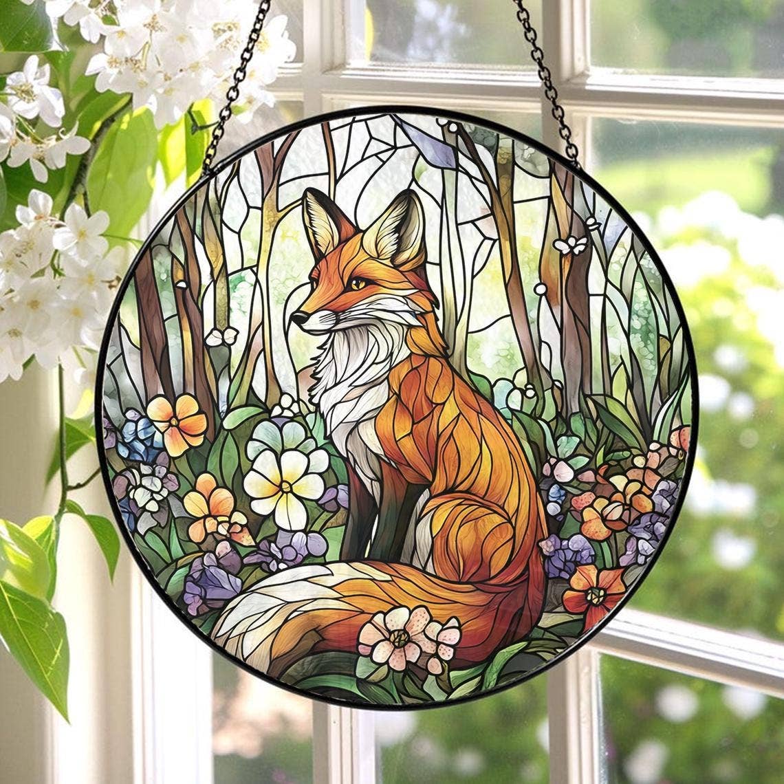 Red Fox Stained Glass Suncatcher, Wild Fox Windows Decor