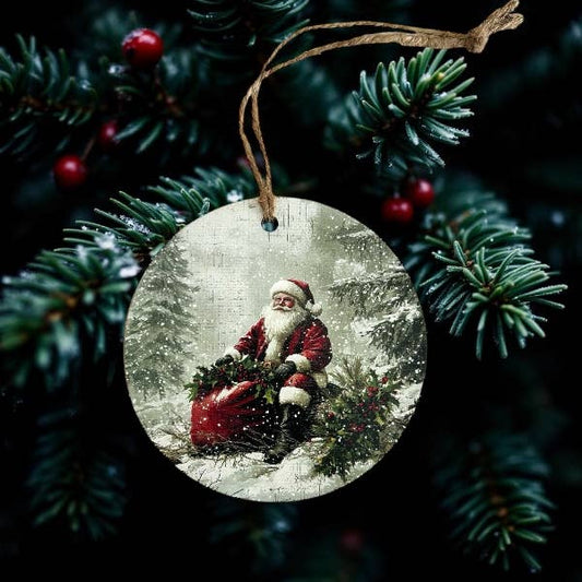 Santa in Woods - Vintage Christmas Decor Wood Ornament