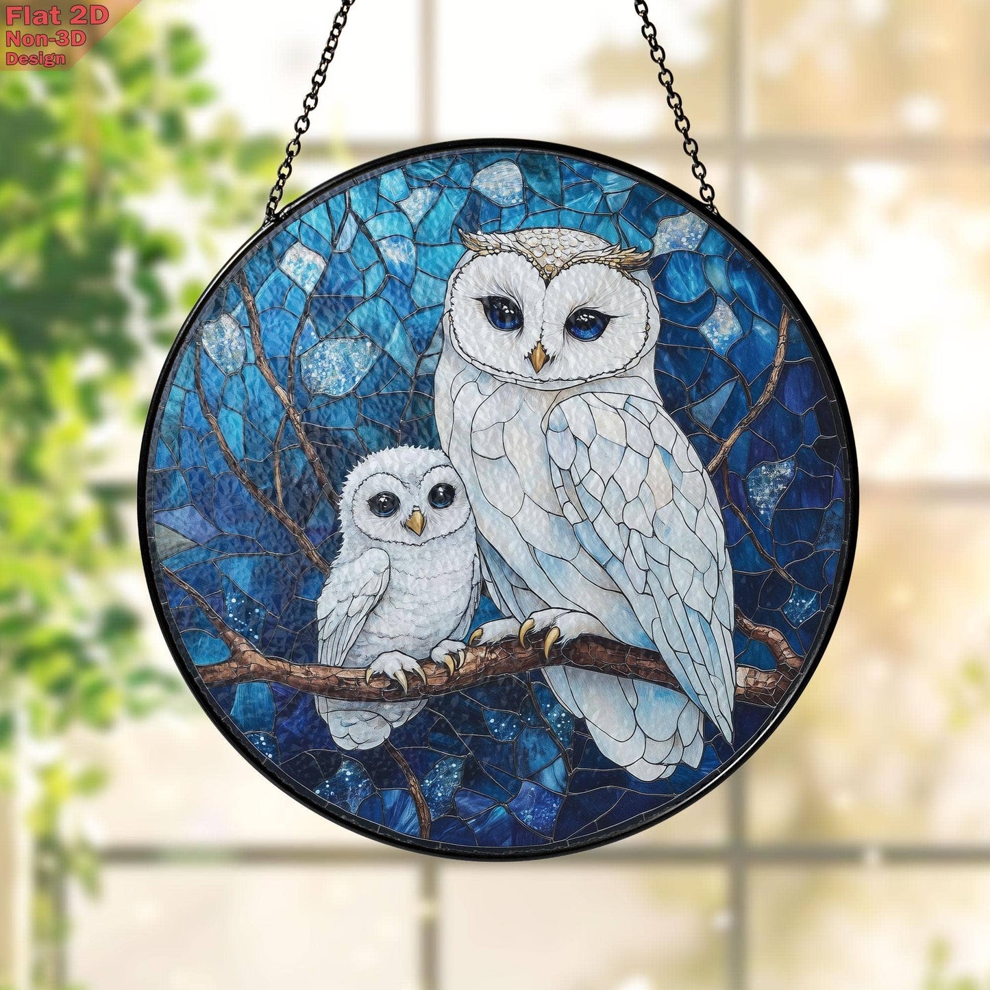 Owl Mom and Baby Suncatcher, Blue Forest Night Window Decor