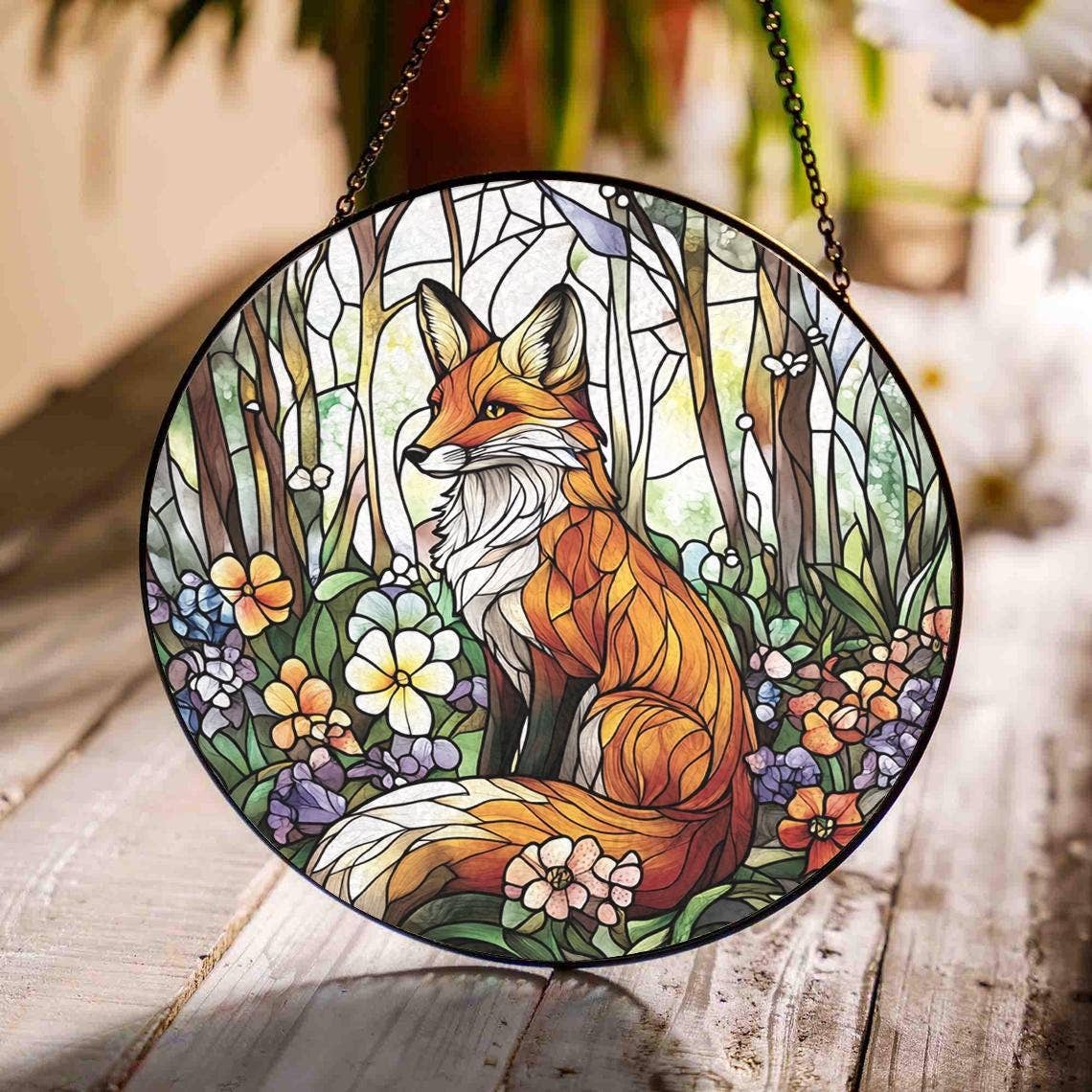 Red Fox Stained Glass Suncatcher, Wild Fox Windows Decor