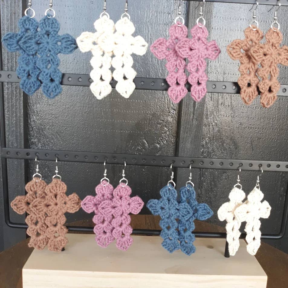 Crochet Christian Cross Design Cotton Drop Earrings