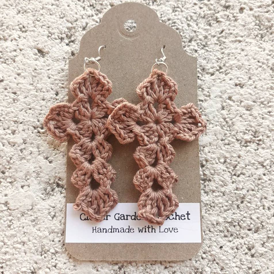 Crochet Christian Cross Design Cotton Drop Earrings