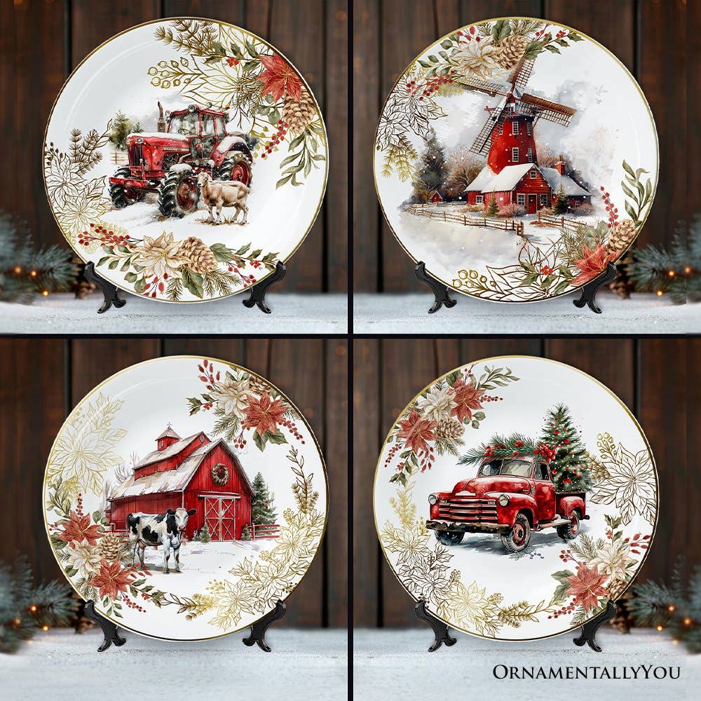 Farmhouse Christmas Set of 4 Plates with Real Gold Elements