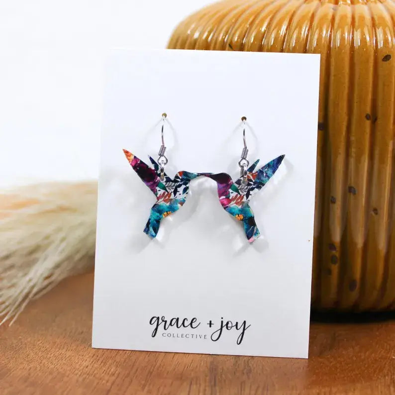 Watercolor Floral Hummingbird Dangle Earrings, Acrylic