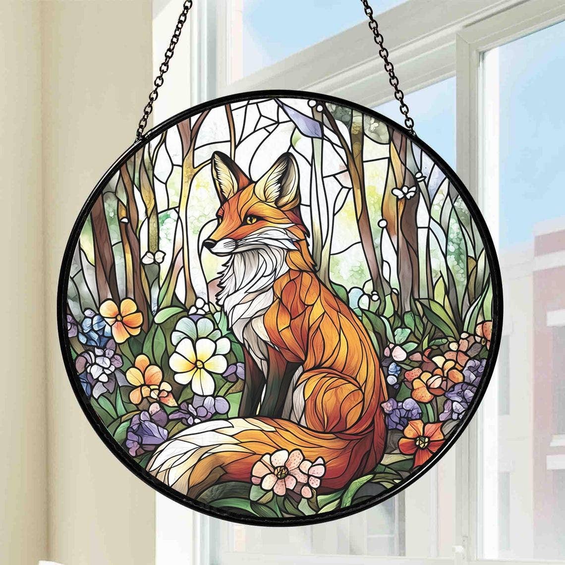Red Fox Stained Glass Suncatcher, Wild Fox Windows Decor