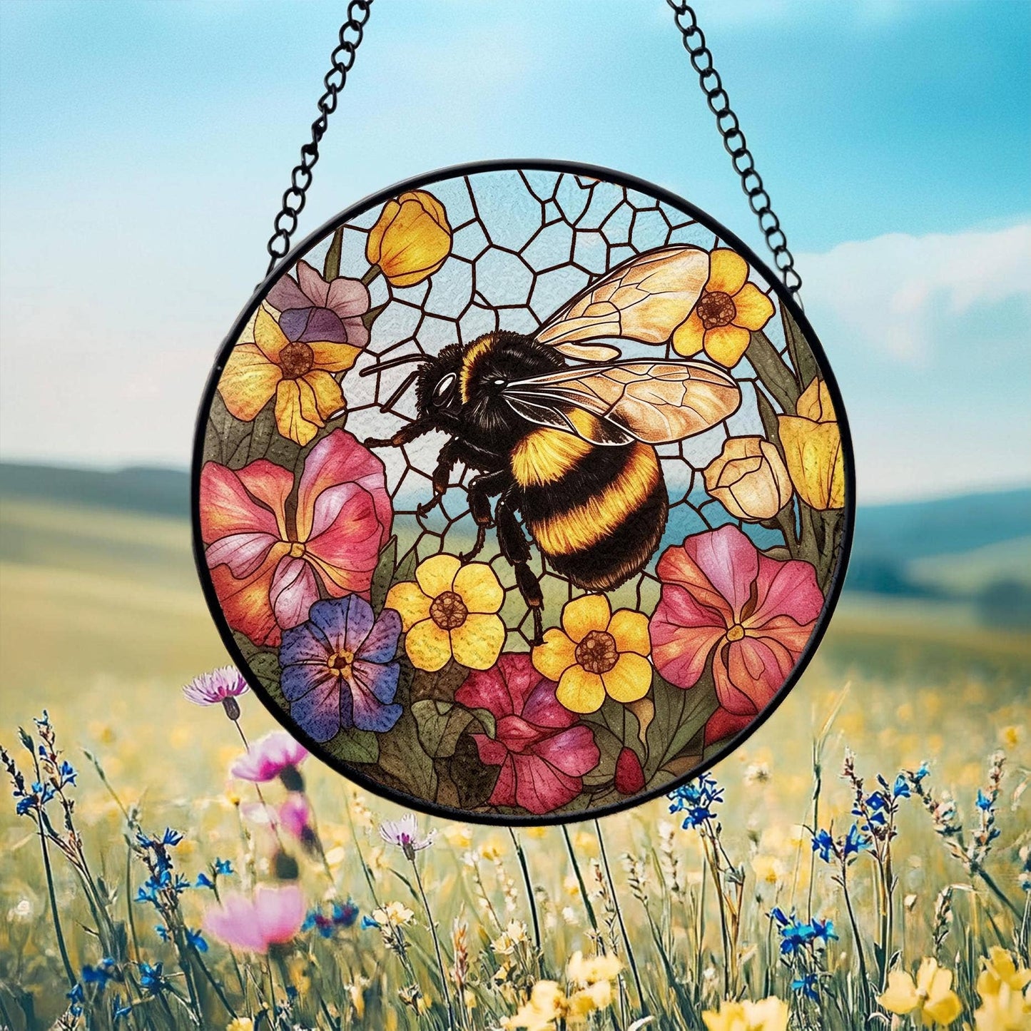 Bee Wildflower Suncatcher, Bee Stained Glass Ornament