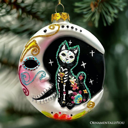 Folkloric Siamese Cat Sugar Skull Glass Ornament