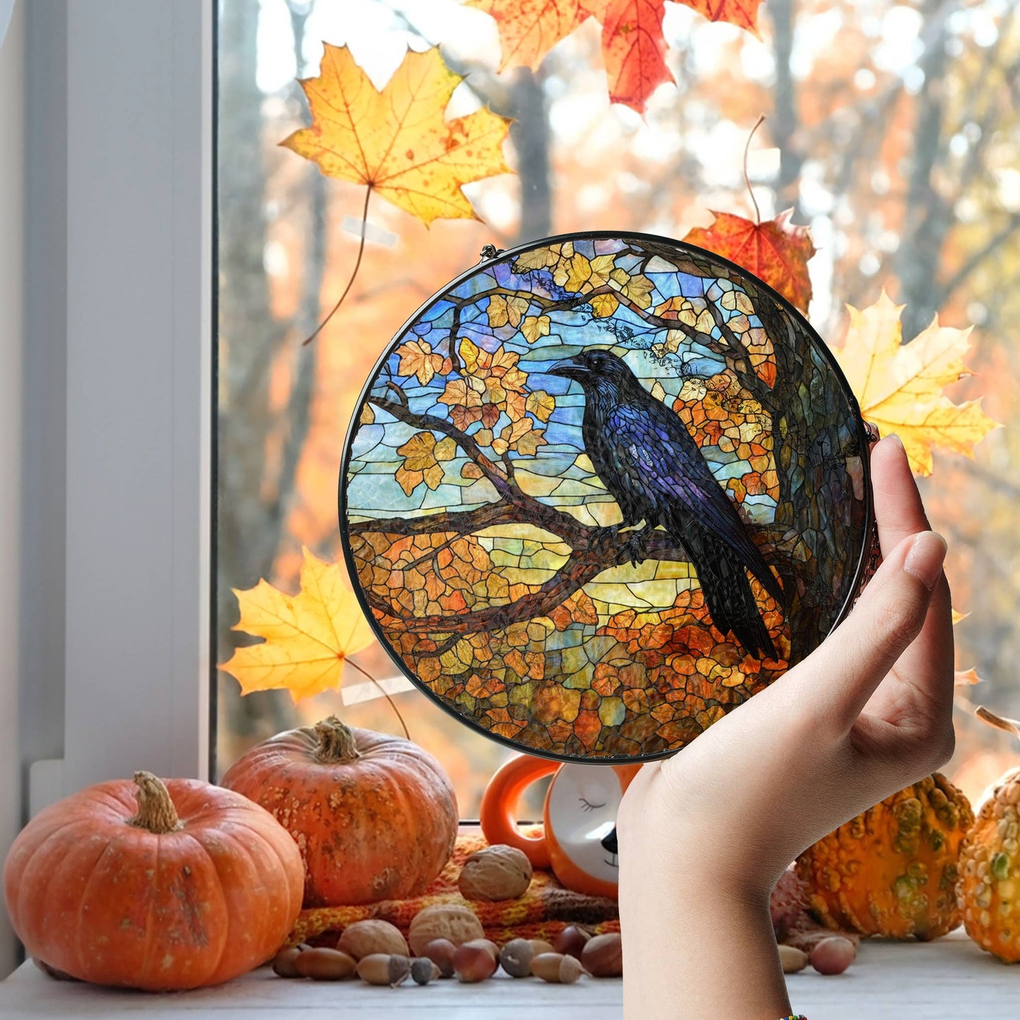 Black Raven Autumn Stained Glass Suncatcher, Raven Halloween