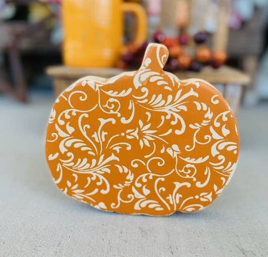 Cute Floral Pumpkin Sign, Hand scrolled and painted 6.5x6.5
