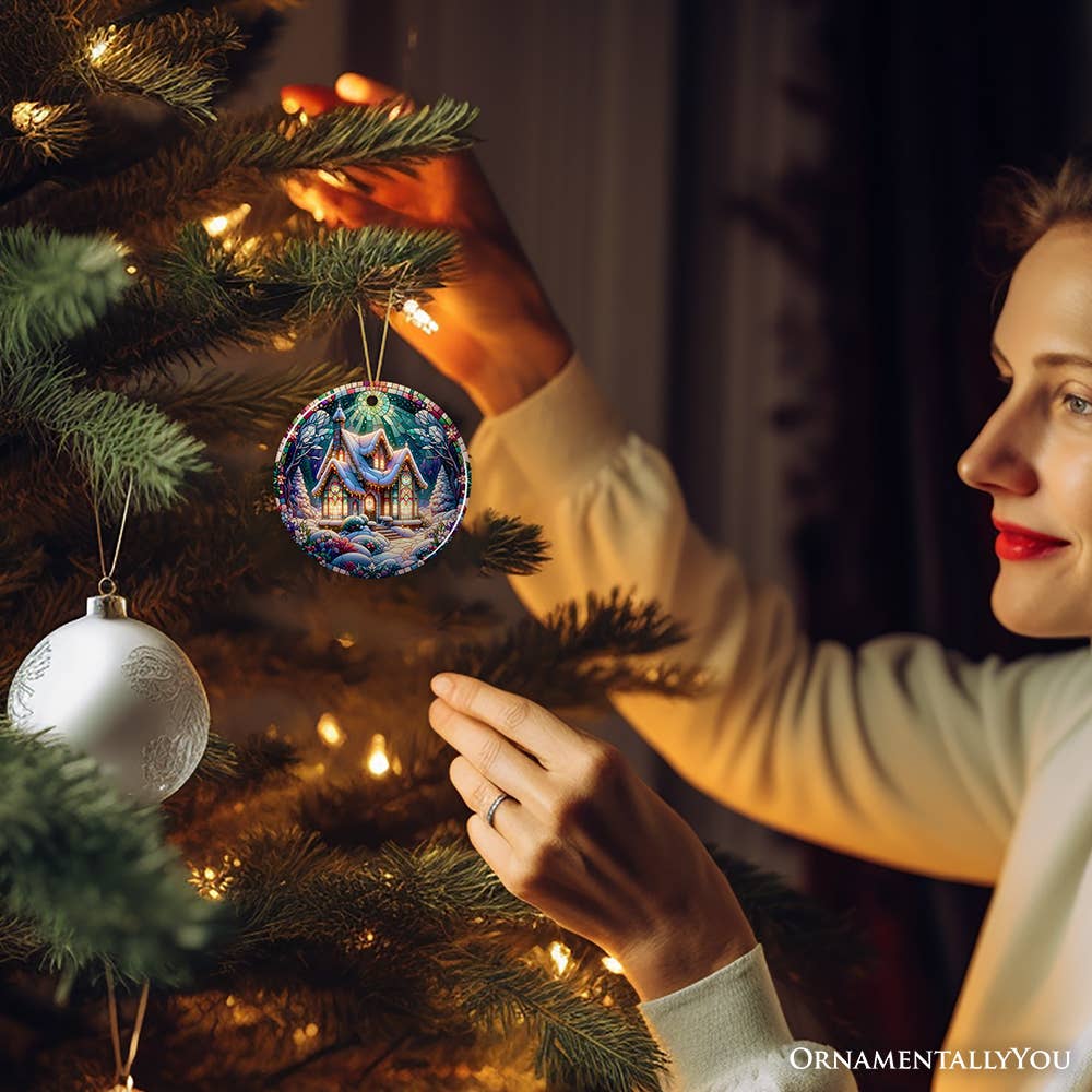 Cottage Stained Glass Style Ceramic Ornament