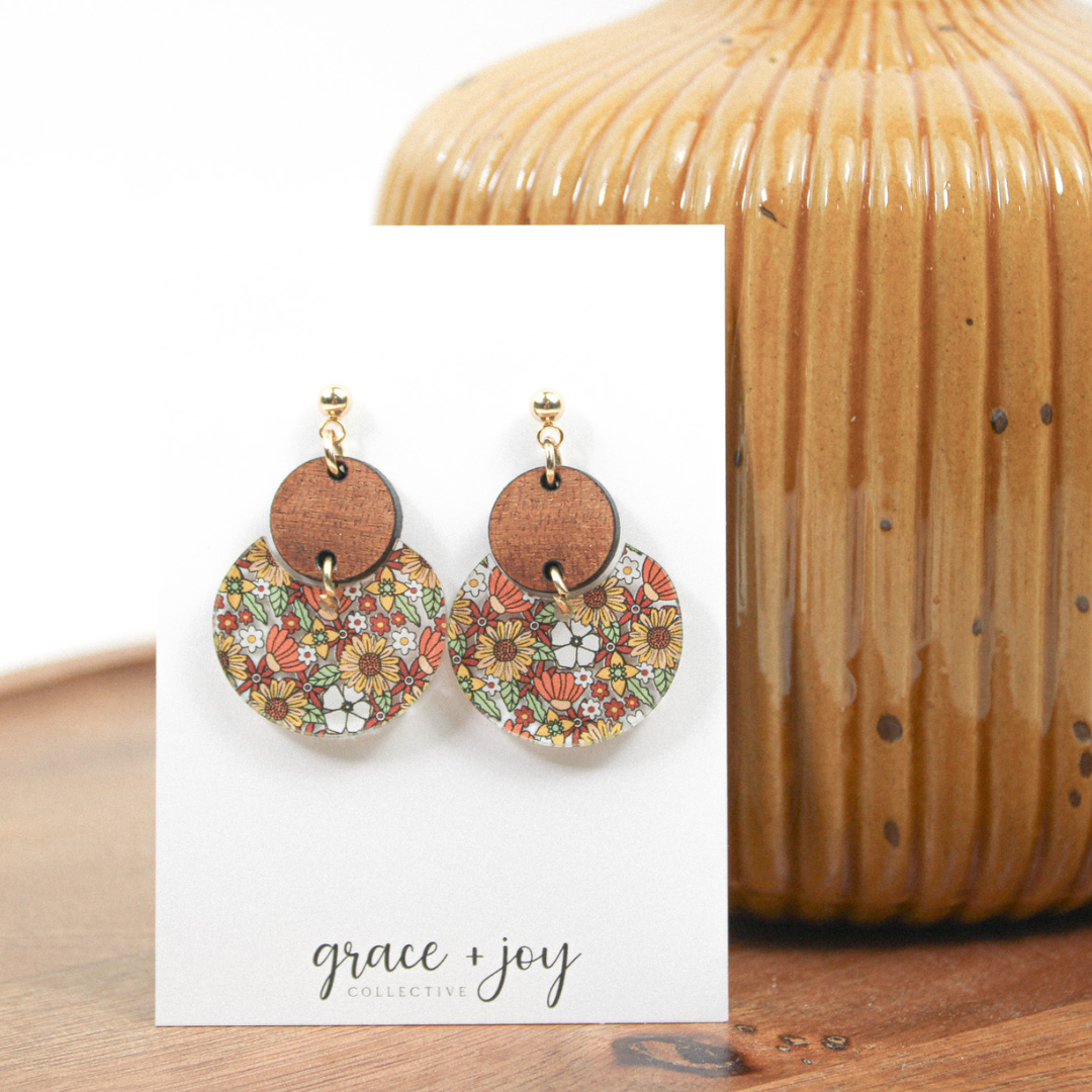 70's Retro flower Dangle Earrings, Fall sunflower earrings