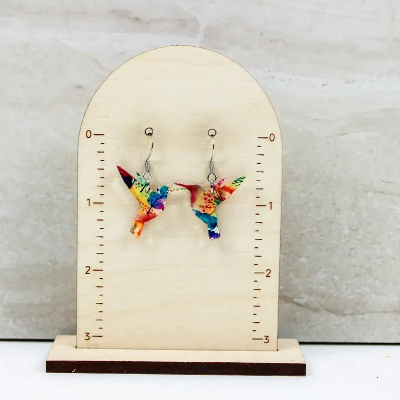Watercolor Floral Hummingbird Dangle Earrings, Acrylic