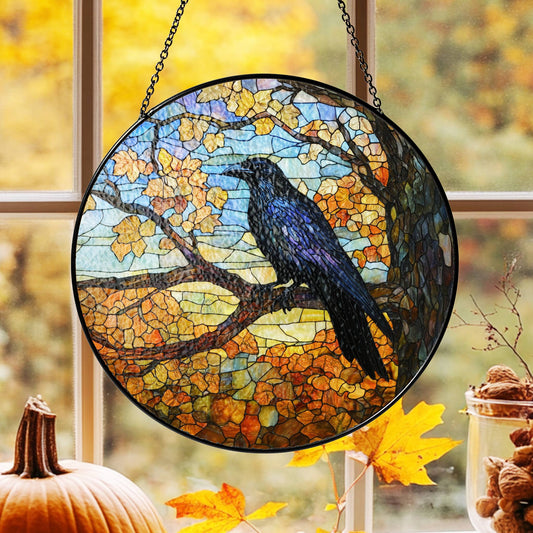 Black Raven Autumn Stained Glass Suncatcher, Raven Halloween