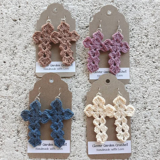 Crochet Christian Cross Design Cotton Drop Earrings