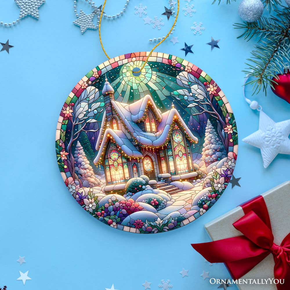 Cottage Stained Glass Style Ceramic Ornament