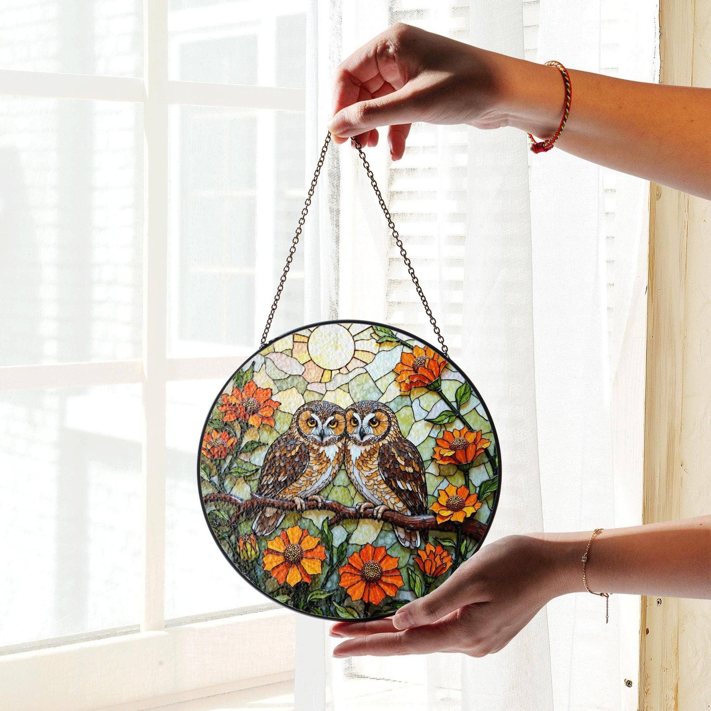 Two Owls On Branch Stained Glass Suncatcher, Gift For Couple