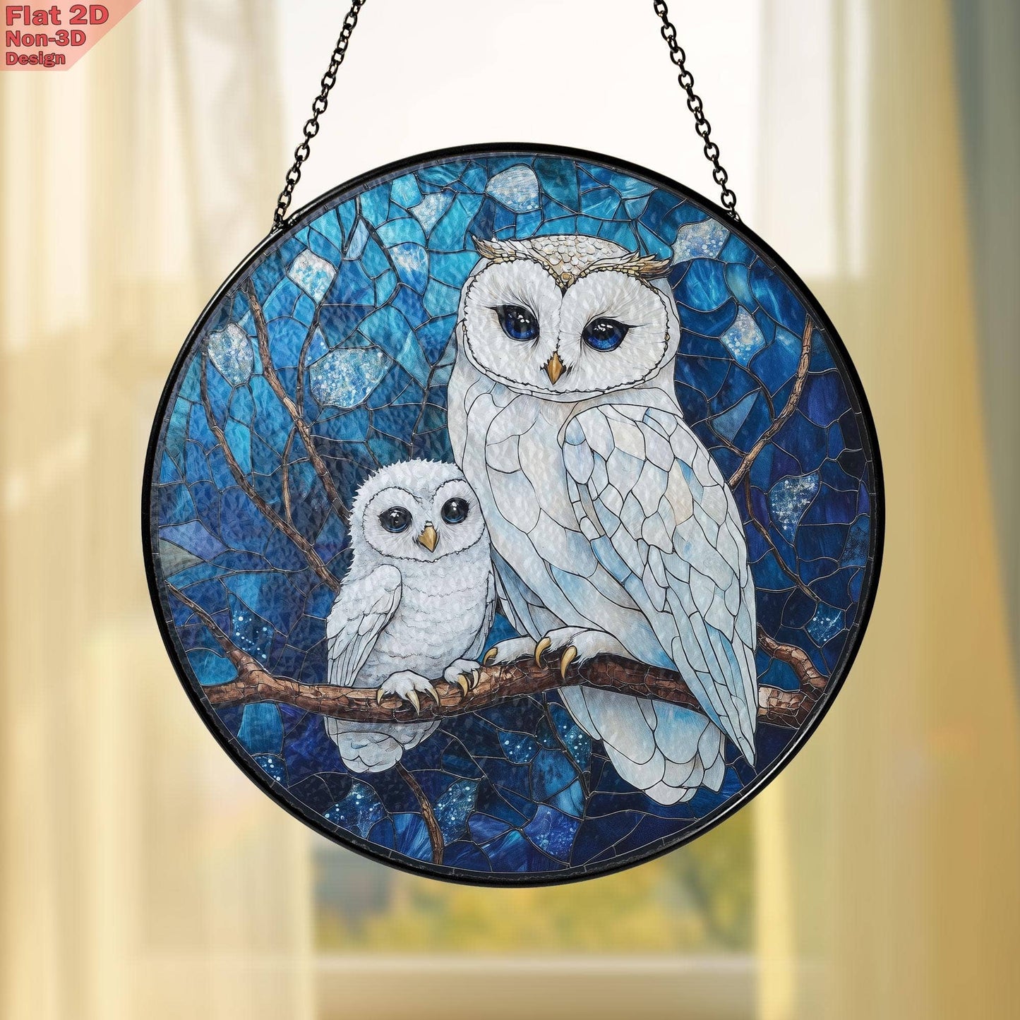 Owl Mom and Baby Suncatcher, Blue Forest Night Window Decor