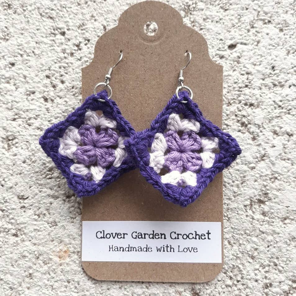 Crochet Tricolor Cotton Purple Granny Square Drop Earrings