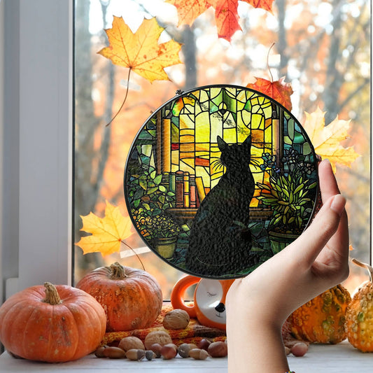 Black Cat Book Stained Glass Suncatcher, Book Cat Lover Art