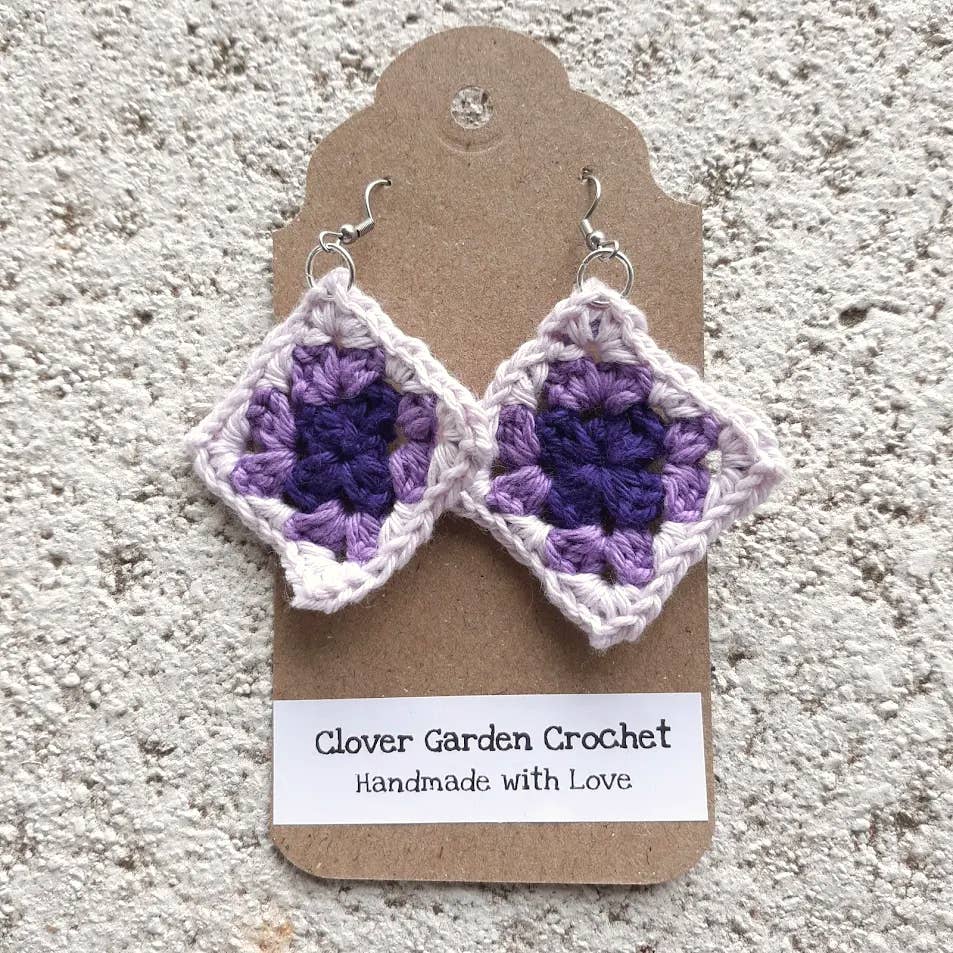 Crochet Tricolor Cotton Purple Granny Square Drop Earrings